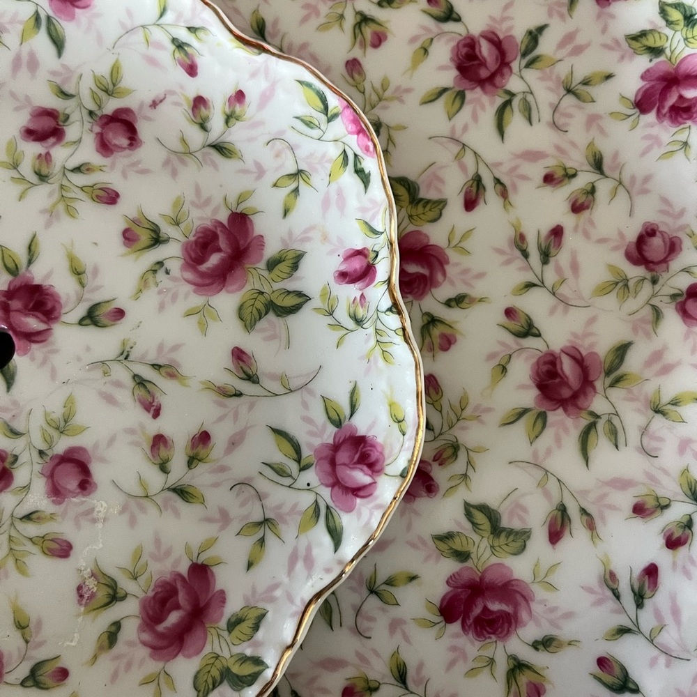 Vintage Lefton China Rose Chintz 2 Tier Dessert Stand Gold Trim Tea Party